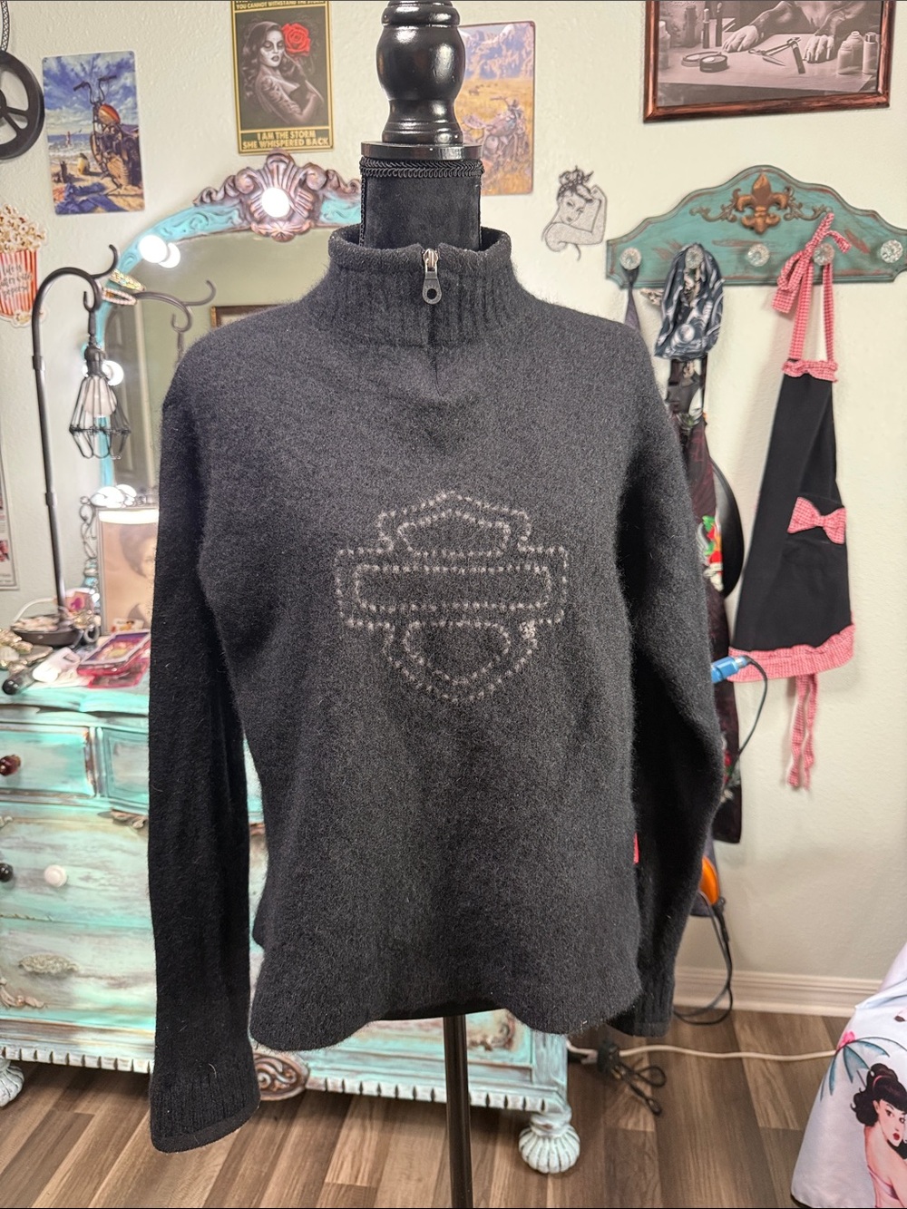 Harley-Davidson Black Zip Mock Neck Sweater with Stud Logo